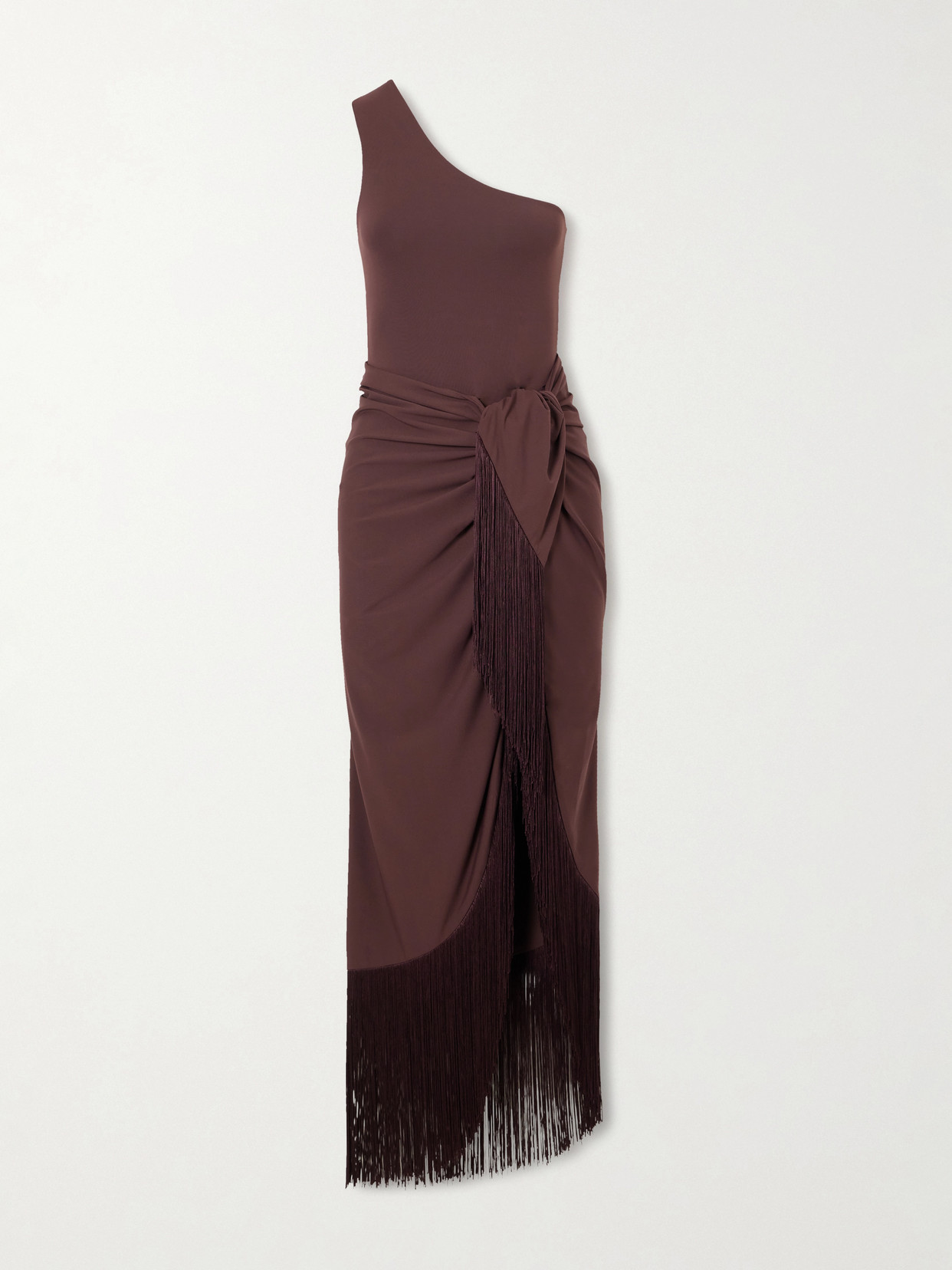 Taller Marmo Rhodes One-shoulder Swimsuit And Fringed Pareo Set In Brown