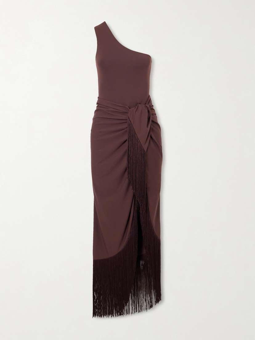 Taller Marmo Rhodes One-shoulder Swimsuit And Fringed Pareo Set