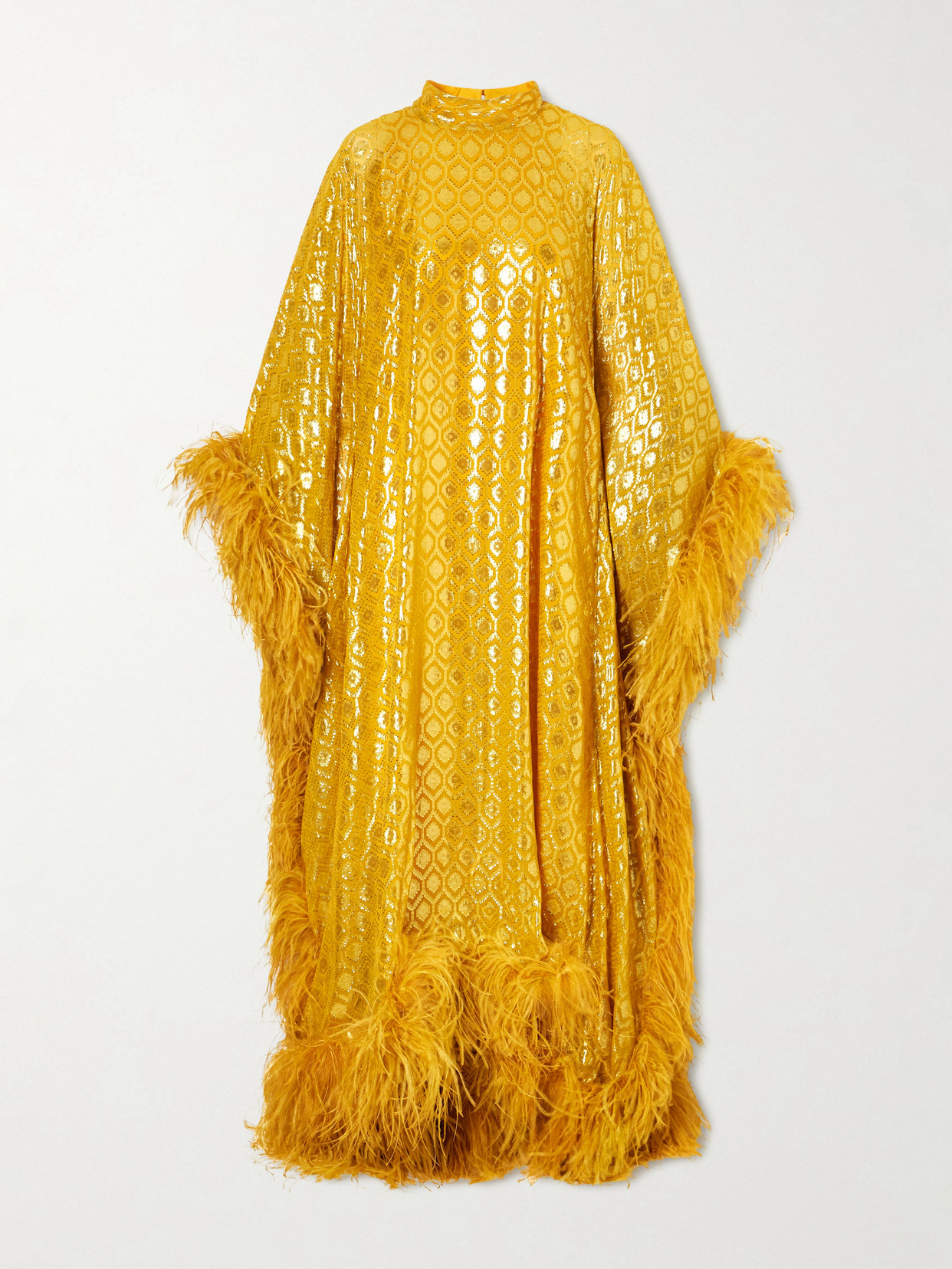 Taller Marmo Casta Diva Feather-trimmed Jacquard-knit Metallic Fil Coupé Silk-blend Gown In Gold