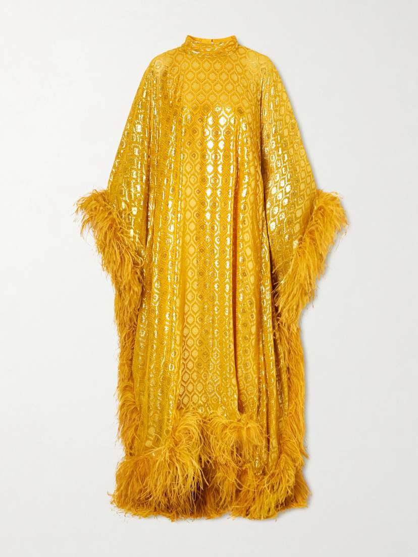 Taller Marmo Casta Diva Feather-trimmed Jacquard-knit Metallic Fil Coupé Silk-blend Gown