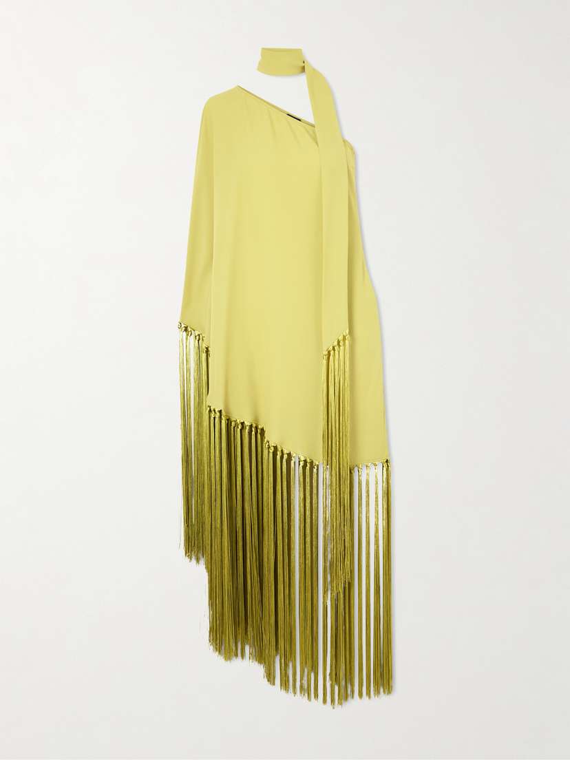 Taller Marmo Gunilla One-shoulder Scarf-detailed Fringed Crepe Mini Dress