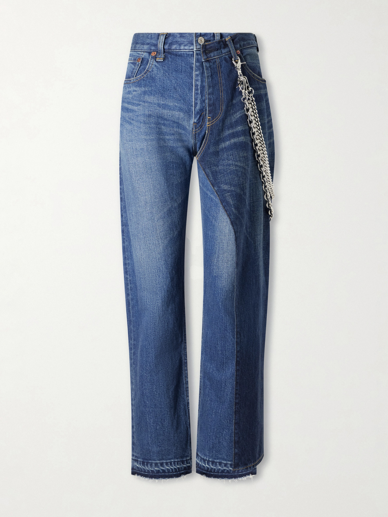 Junya Watanabe Embellished Paneled Mid-rise Straight-leg Jeans In Blue