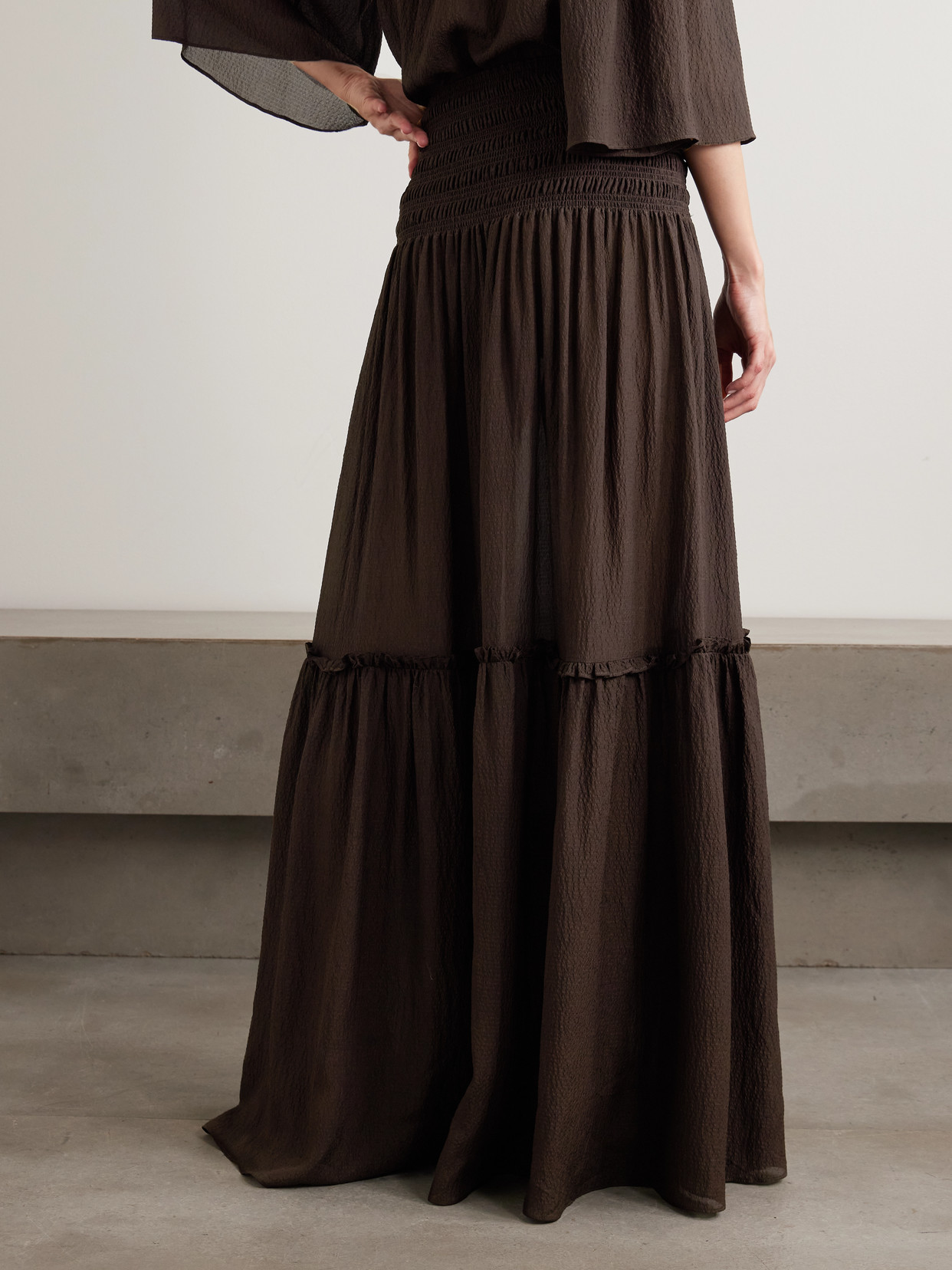 Folia Shirred Tiered Seersucker Maxi