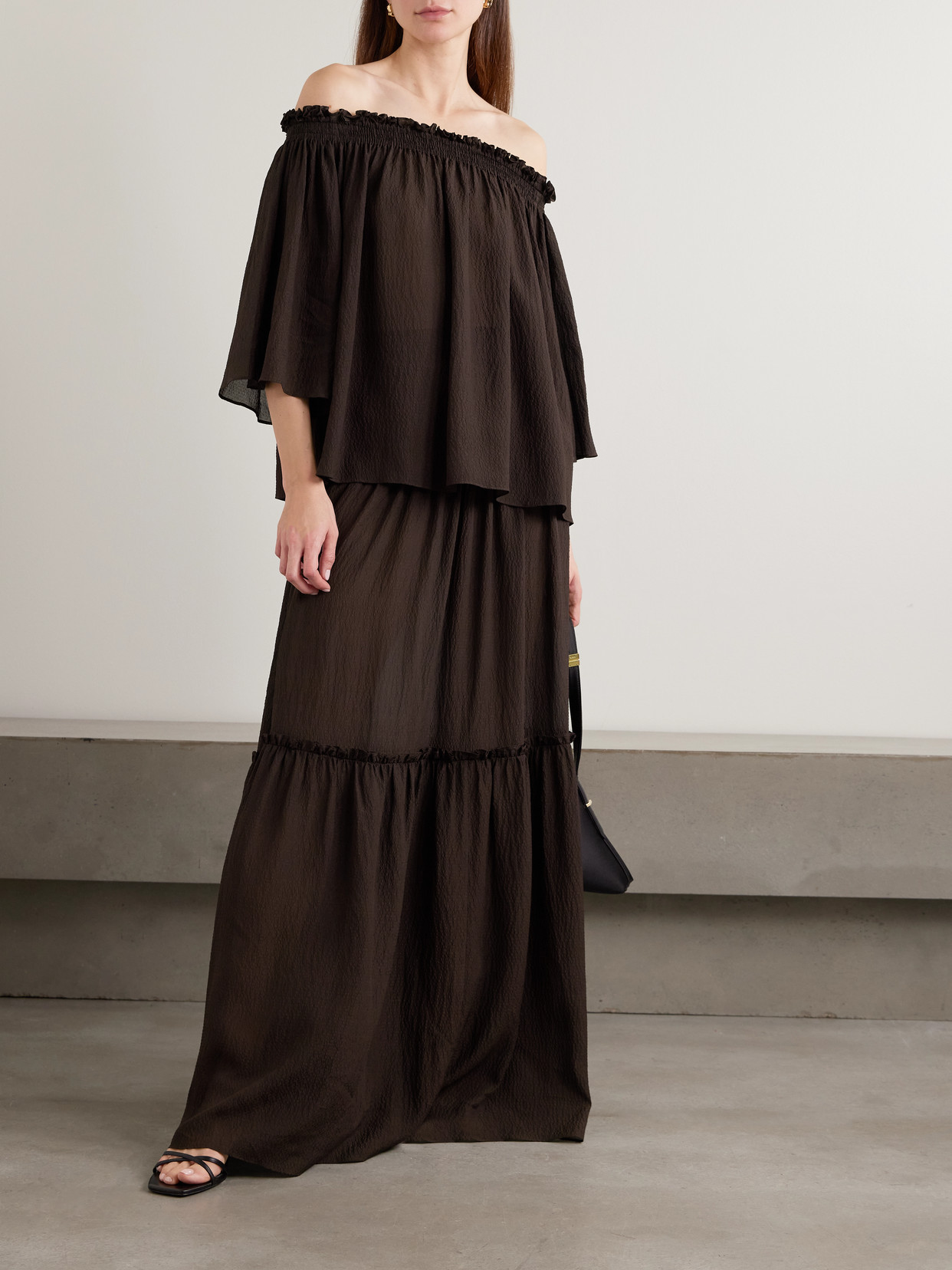Folia Shirred Tiered Seersucker Maxi