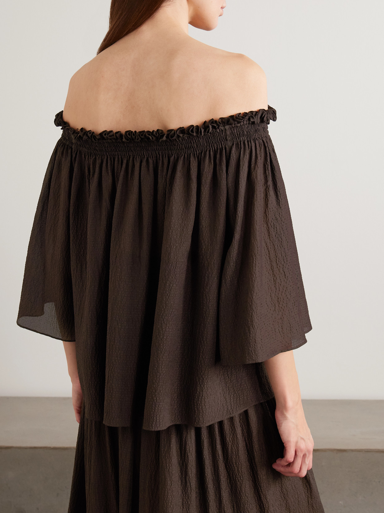 Emi Off-The-Shoulder Shirred Seersucker Top