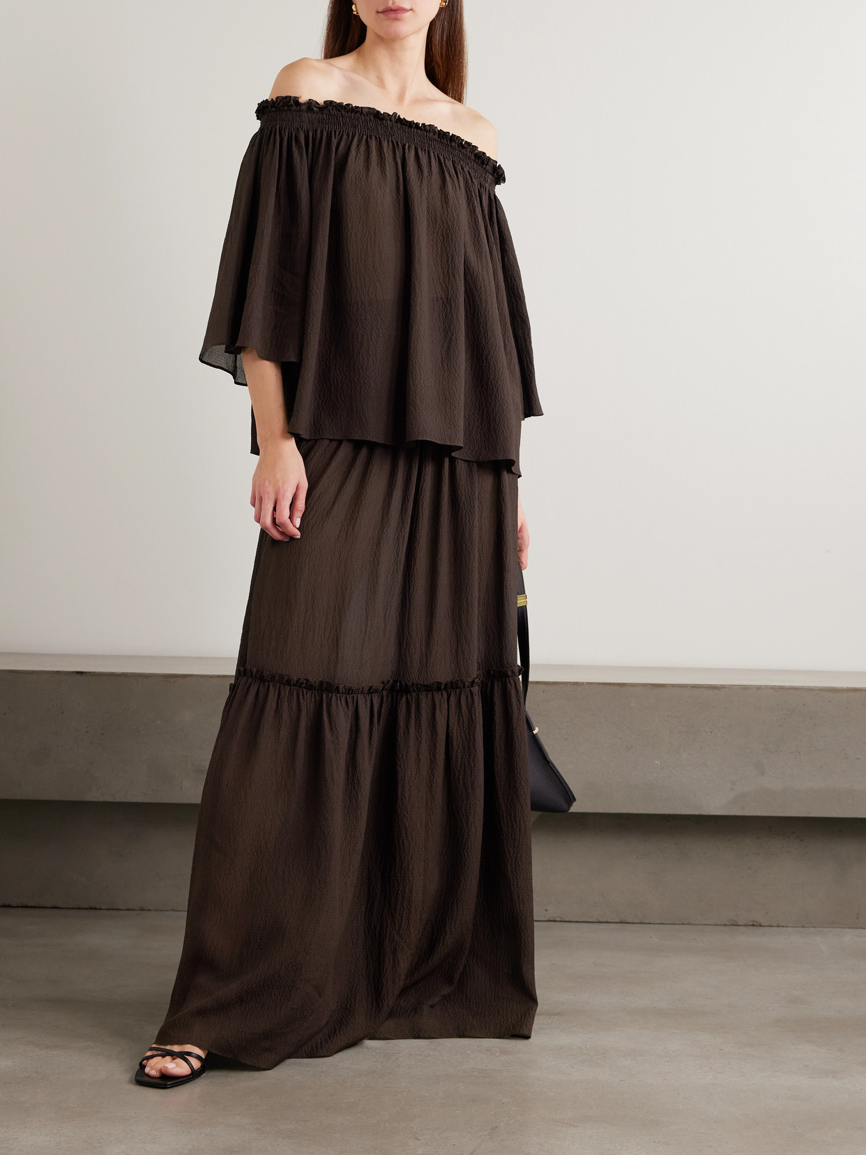 Emi Off-The-Shoulder Shirred Seersucker Top
