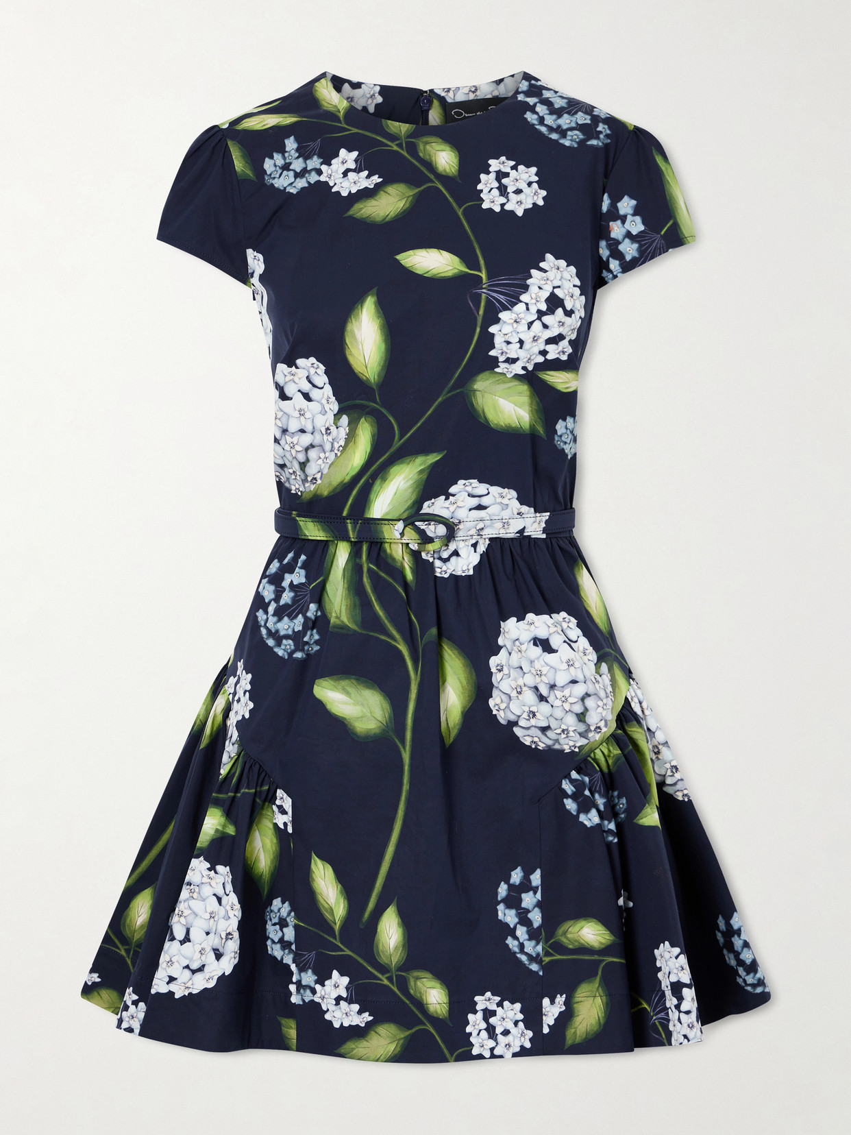 Oscar De La Renta Belted Tiered Floral-print Cotton-blend Poplin Mini Dress In Blue