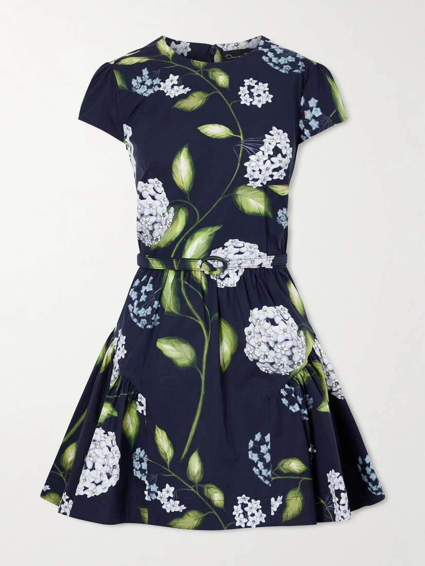 Oscar de la Renta Belted Tiered Floral-print Cotton-blend Poplin Mini Dress