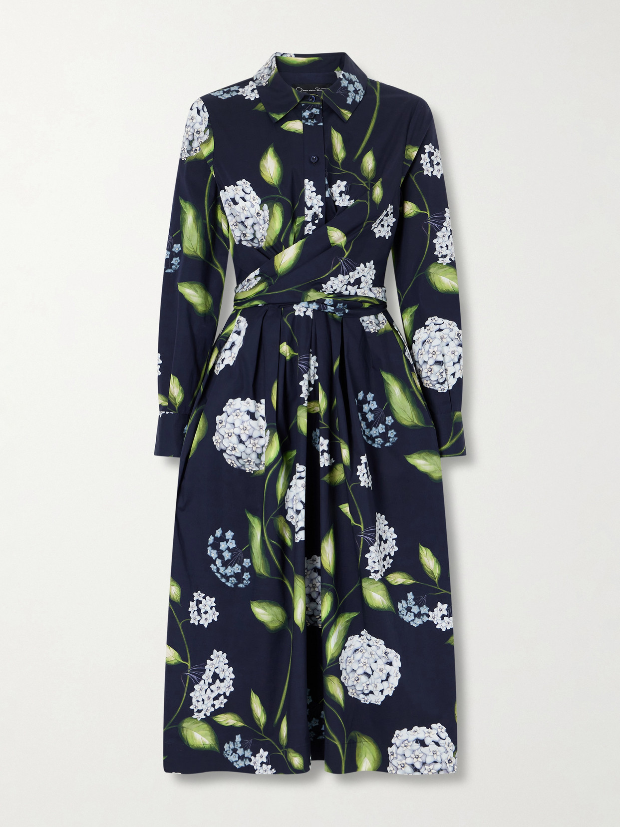 Oscar De La Renta Wrap-effect Floral-print Cotton-blend Poplin Shirt Dress In Blue