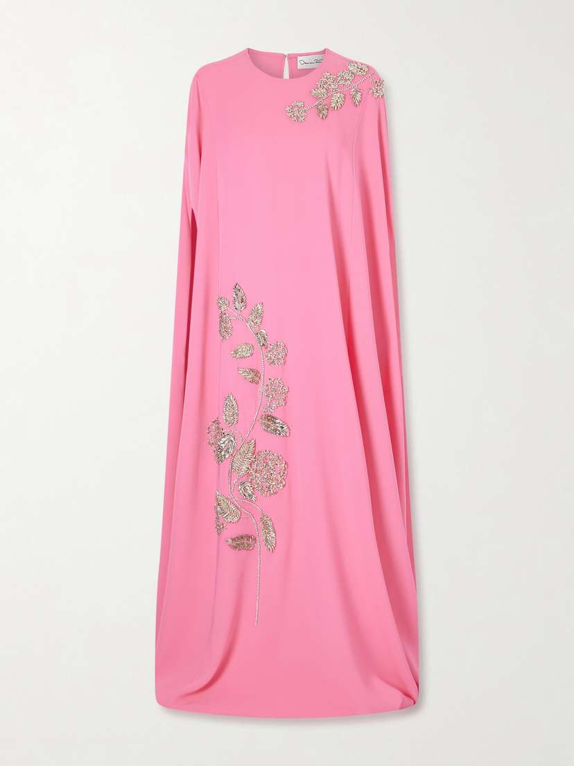 Oscar de la Renta Cape-effect Embellished Silk-blend Gown