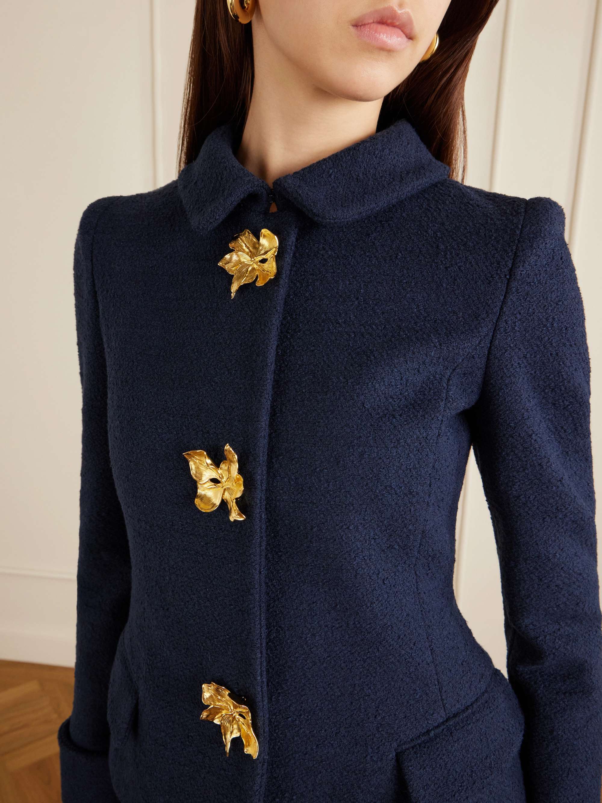 【美品】三越 Oscar de la Renta 紺ブレ 金ボタン ウール L OSCAR DE LA RENTA Embellished cotton and wool-blend tweed jacket