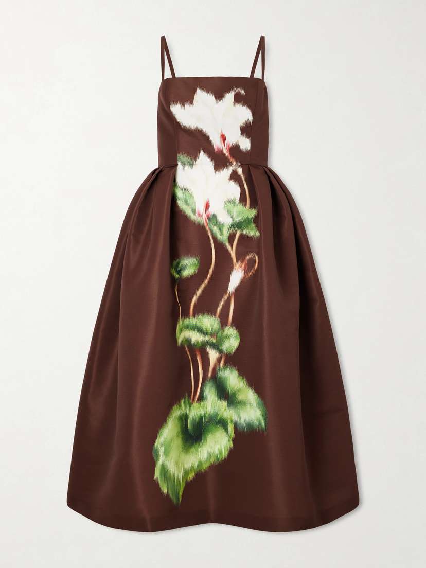 Oscar de la Renta Pleated Floral-print Faille Midi Dress