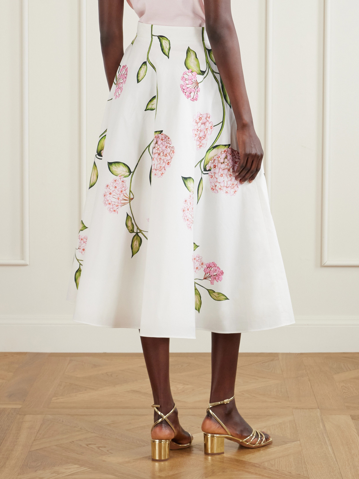 Oscar De La Renta Porcelain Flowers Stretch Cotton Poplin A-line Midi Skirt In White