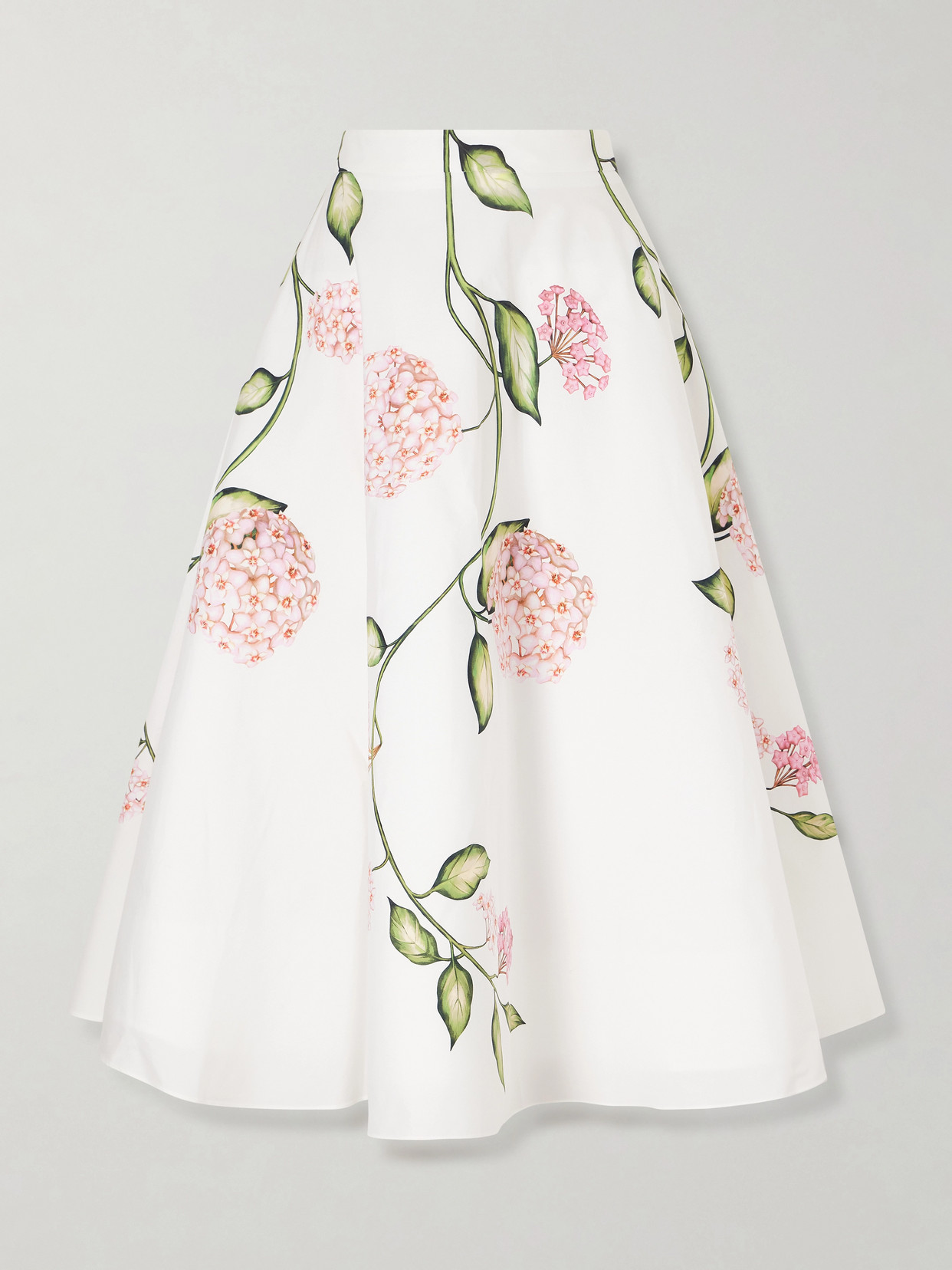 Oscar De La Renta Porcelain Flowers Stretch Cotton Poplin A-line Midi Skirt In White