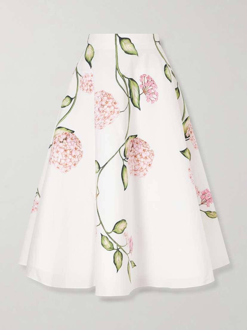 Oscar de la Renta Porcelain Floral-print Stretch Cotton-poplin Midi Skirt - Women's Clothing