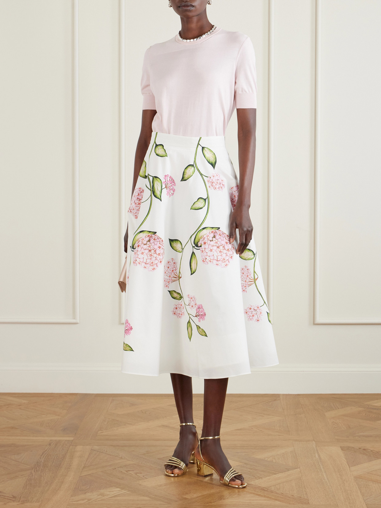 Oscar De La Renta Porcelain Flowers Stretch Cotton Poplin A-line Midi Skirt In White