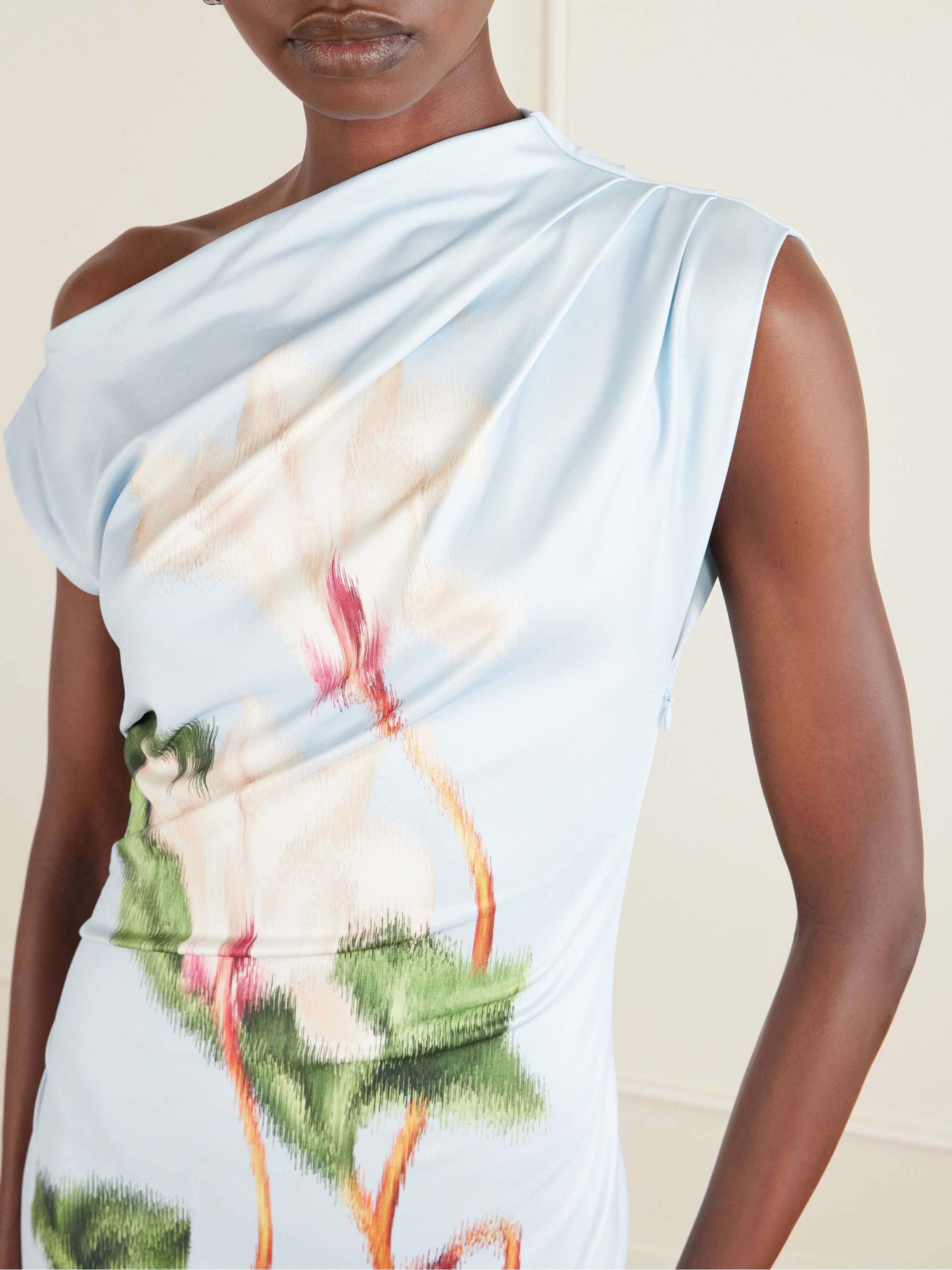 Draped printed stretch-jersey midi dress - light blue - US0