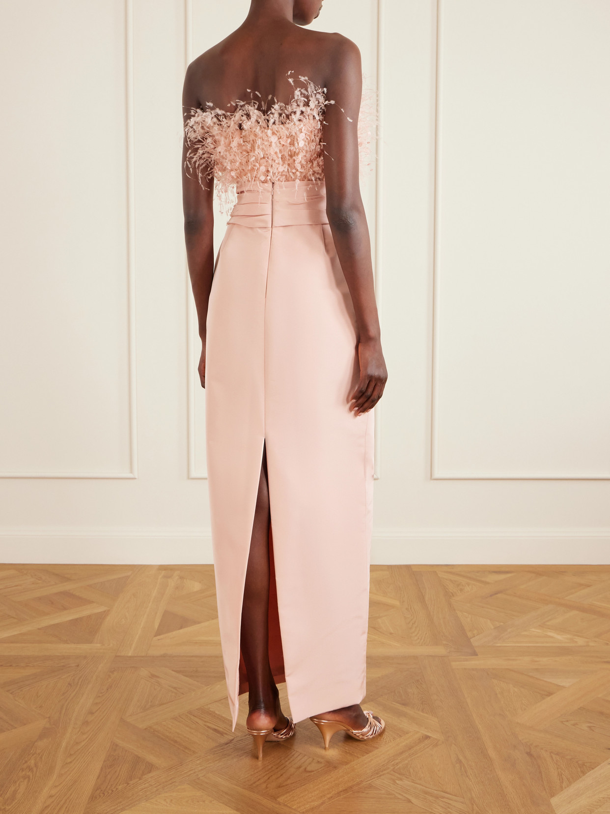Oscar De La Renta Feather-trimmed Silk Faille Bustier Gown In Pink