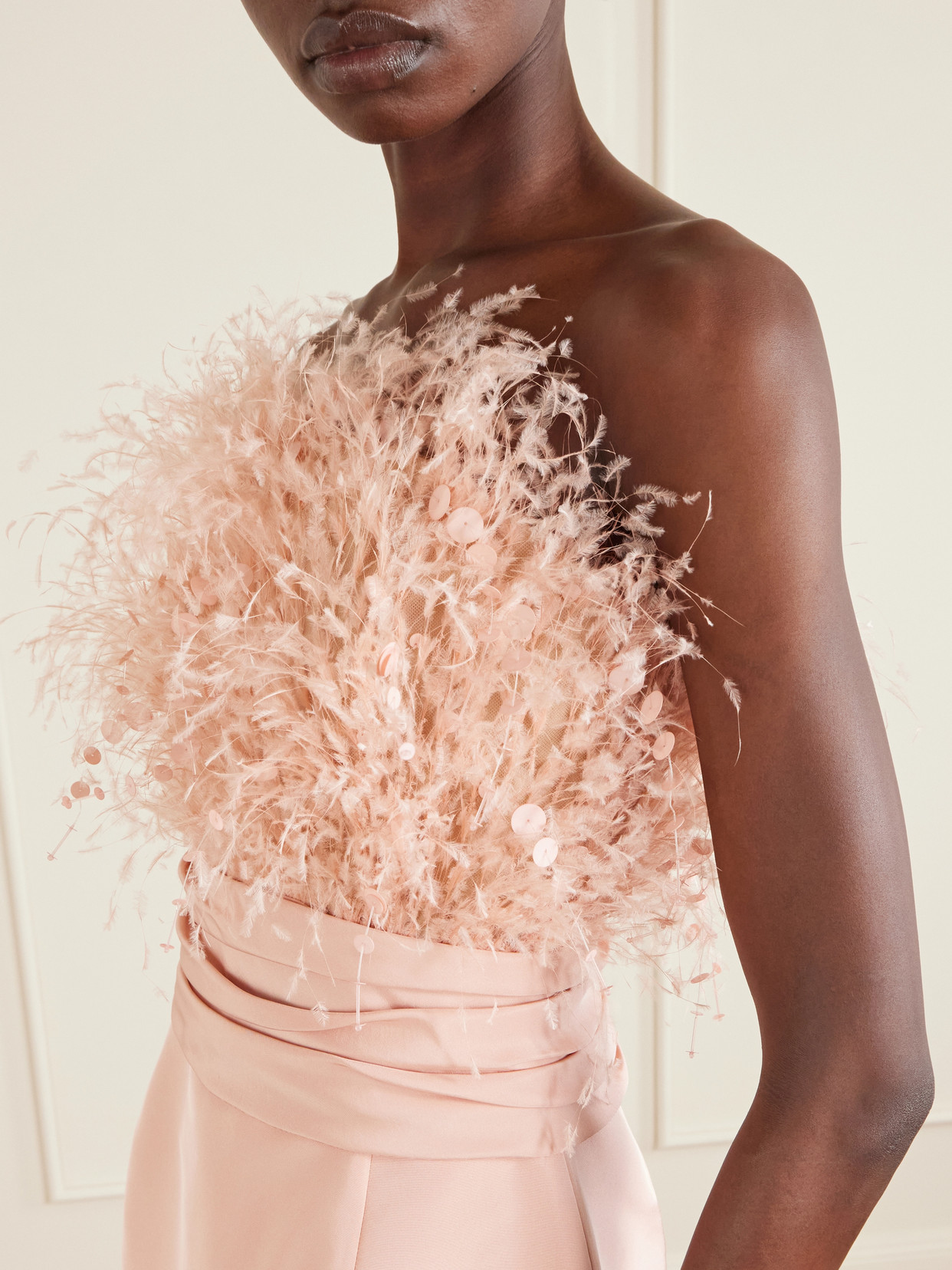 Oscar De La Renta Feather-trimmed Silk Faille Bustier Gown In Pink