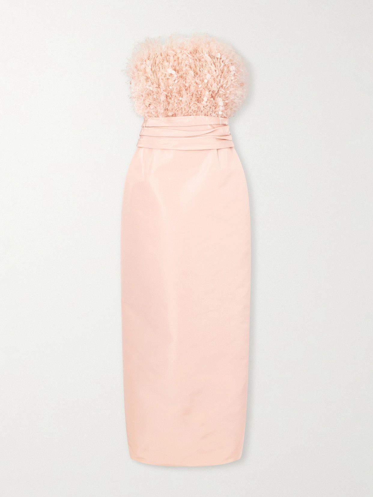 Oscar De La Renta Point D'esprit Strapless Embellished Feather-trimmed Silk-faille Gown In Pink