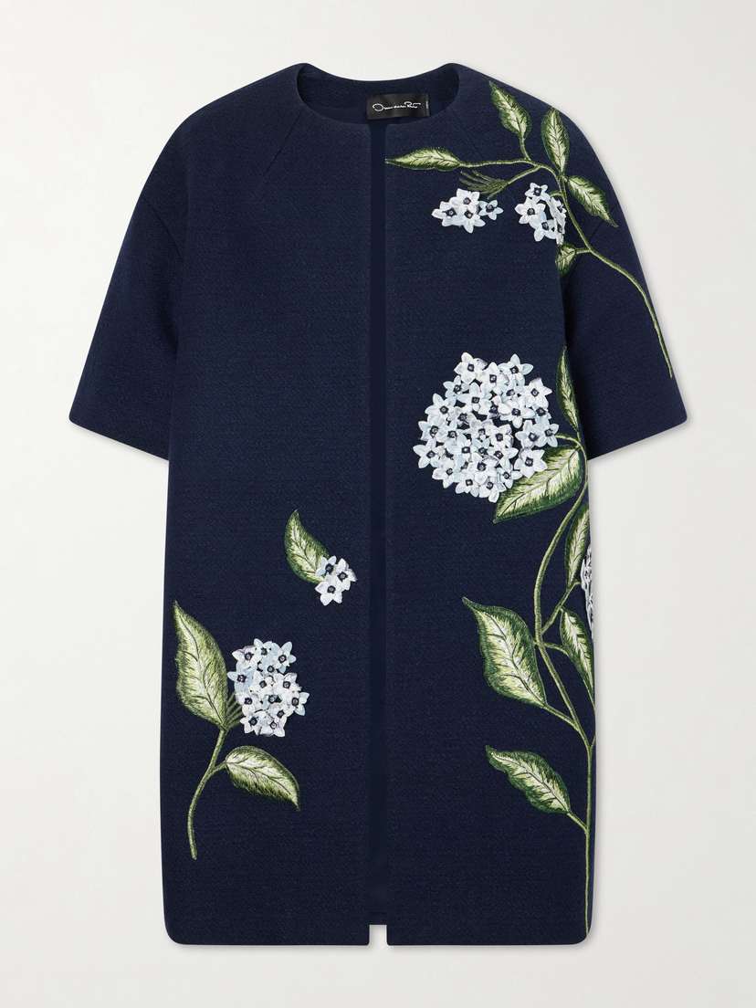 Oscar de la Renta Embellished Embroidered Cotton-blend Tweed Coat
