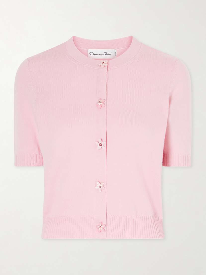 Oscar de la Renta Cropped Floral-embellished Cashmere Cardigan