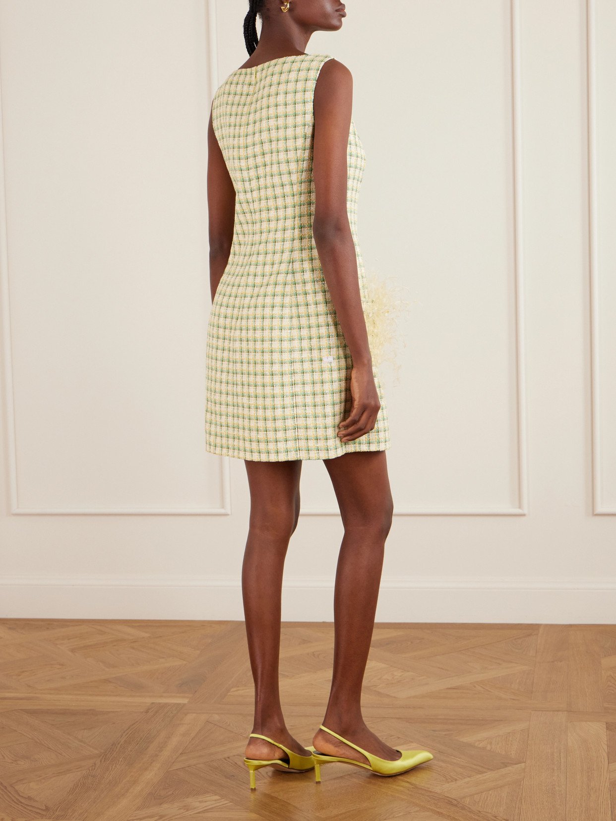 Oscar De La Renta Sequin-embellished Feather-trimmed Checked Cotton-blend Tweed Mini Dress In Yellow