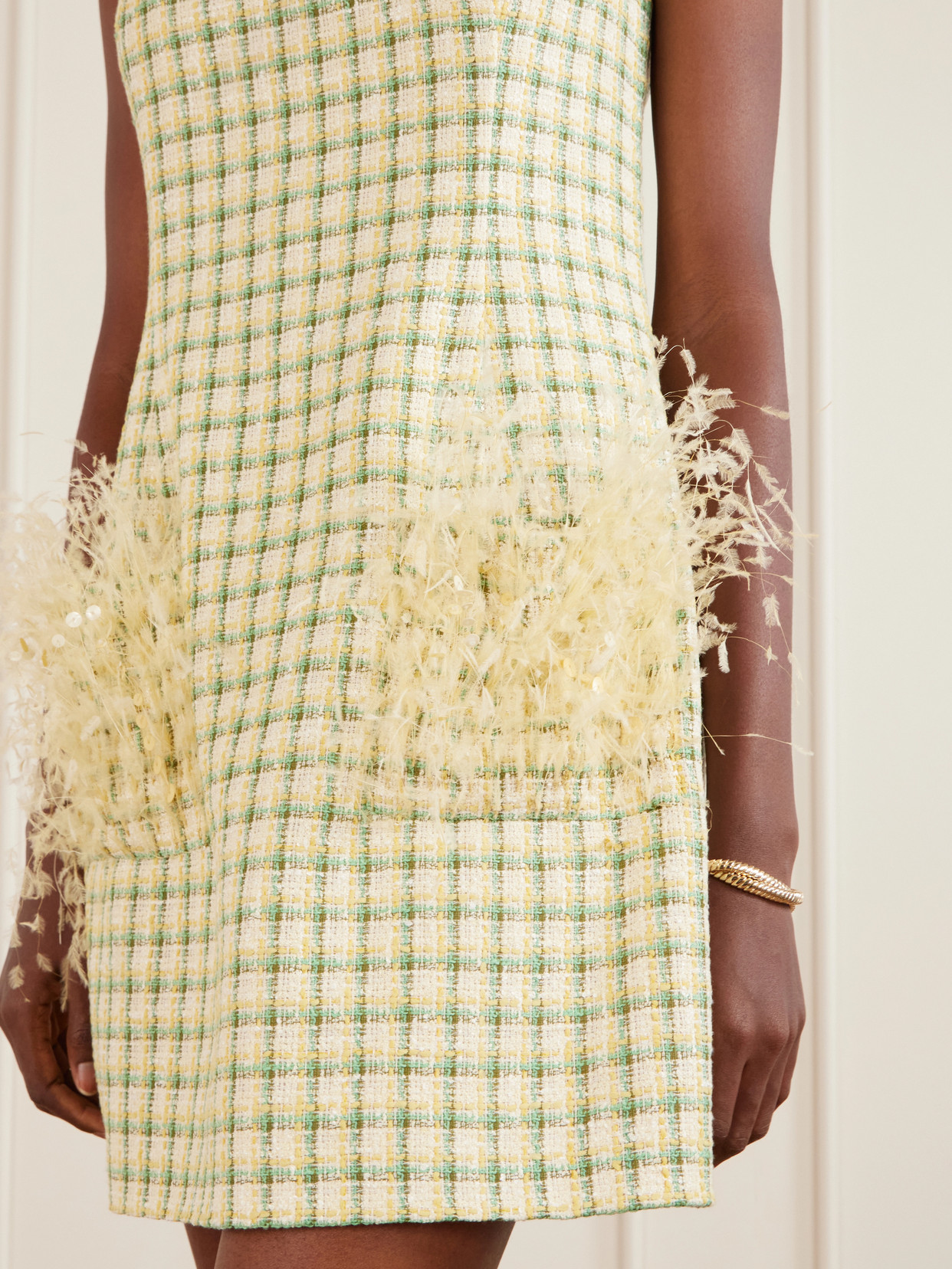 Oscar De La Renta Sequin-embellished Feather-trimmed Checked Cotton-blend Tweed Mini Dress In Yellow