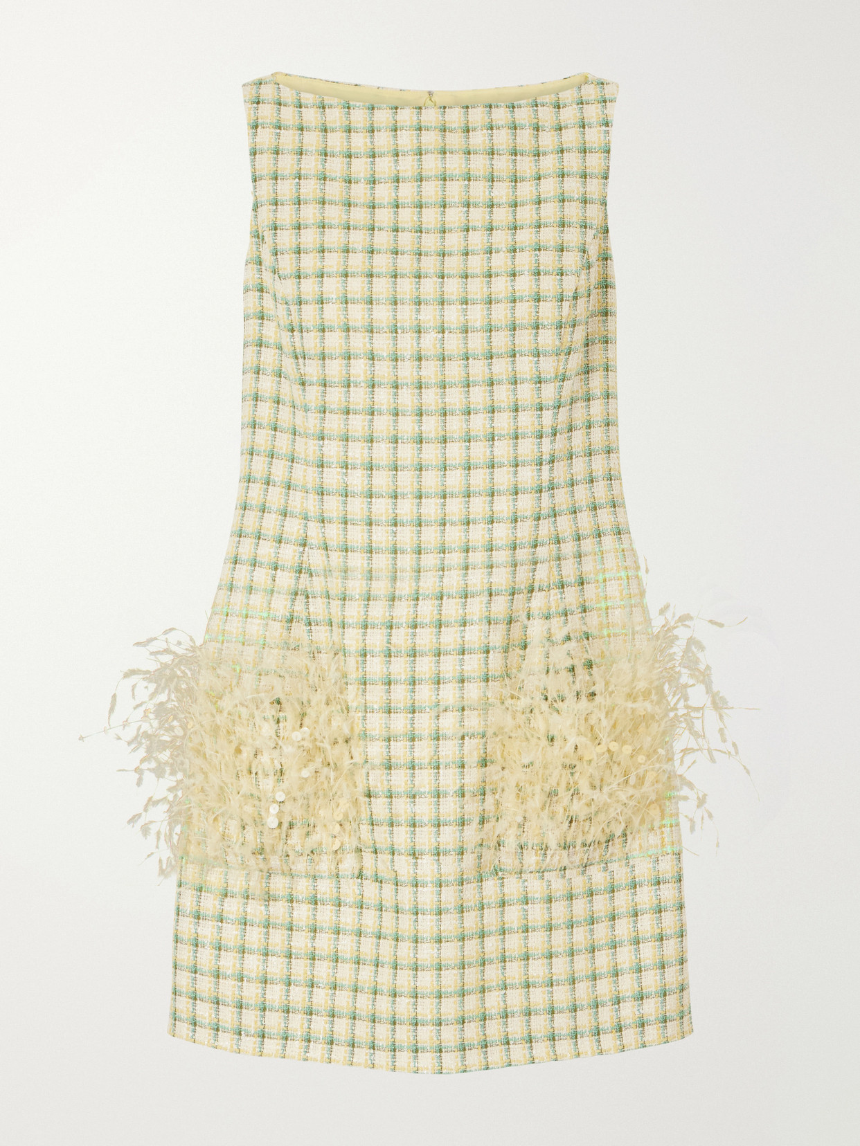 Oscar De La Renta Sequin-embellished Feather-trimmed Checked Cotton-blend Tweed Mini Dress In Yellow