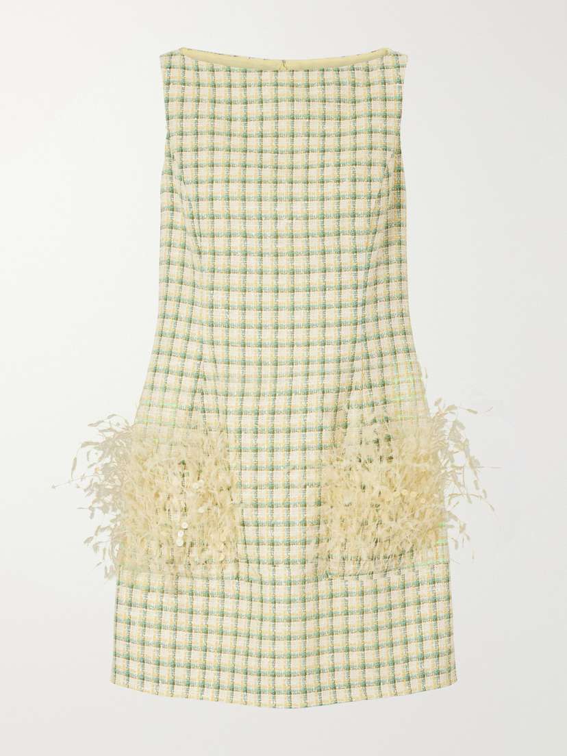 Oscar de la Renta Sequin-embellished Feather-trimmed Checked Cotton-blend Tweed Mini Dress
