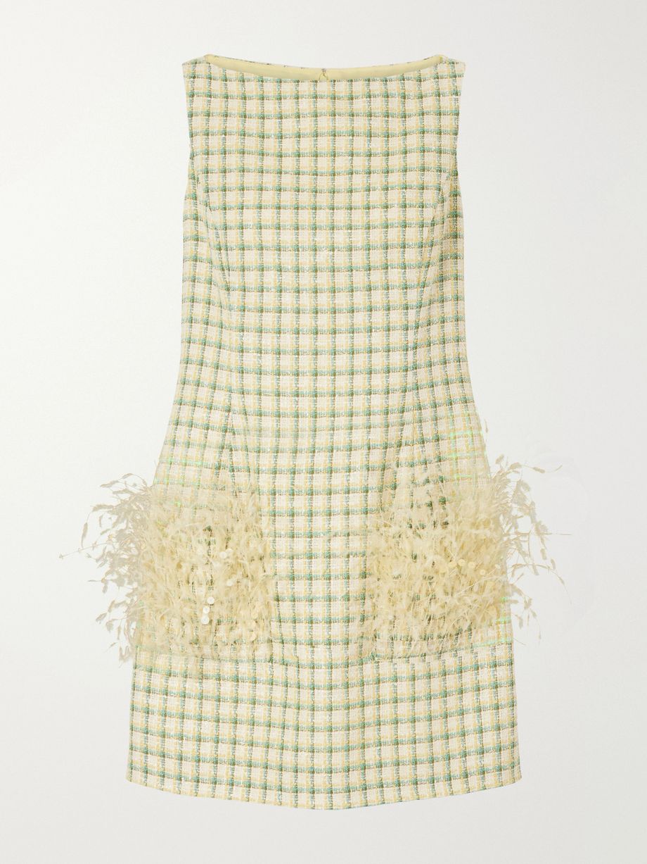 Sequin-embellished feather-trimmed checked cotton-blend tweed mini dress