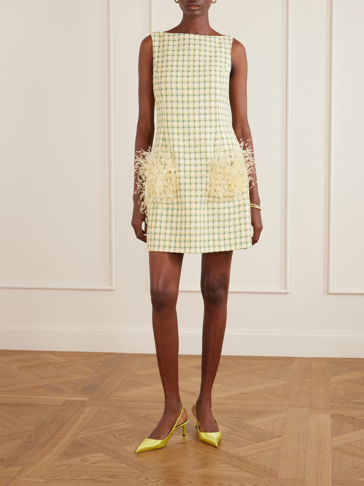 Oscar De La Renta Sequin-embellished Feather-trimmed Checked Cotton-blend Tweed Mini Dress In Yellow