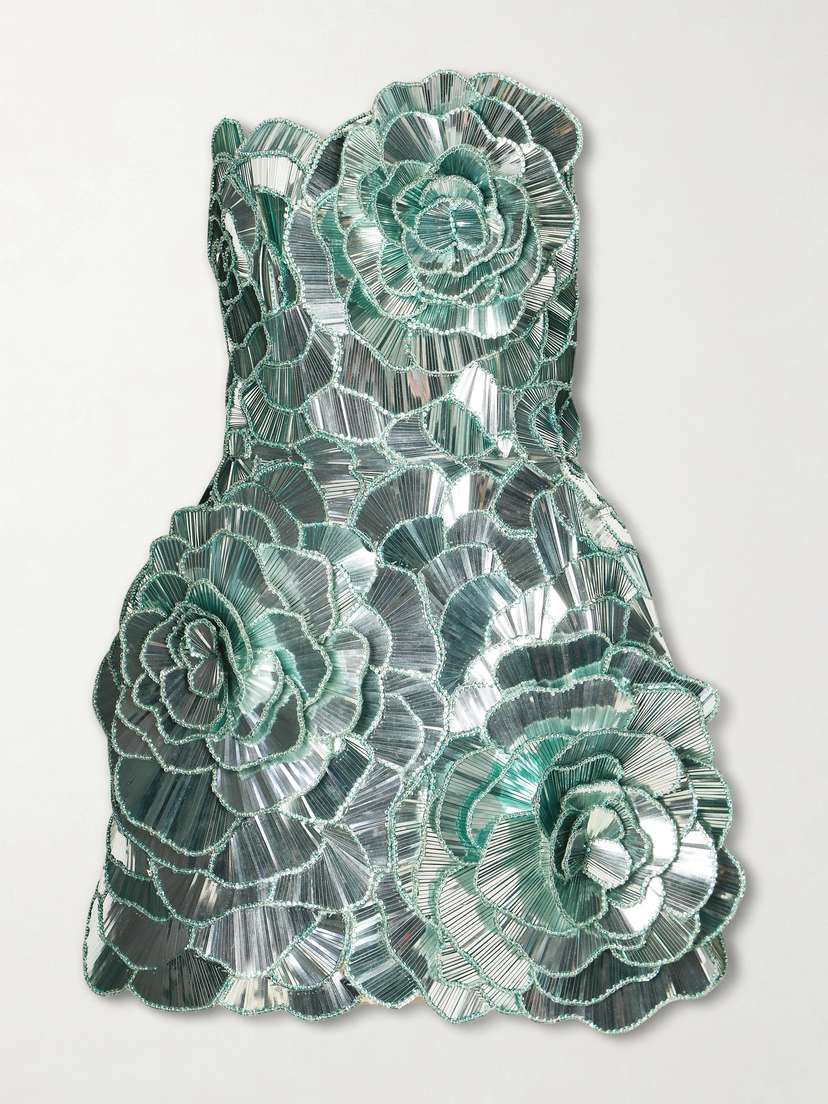 Oscar de la Renta Strapless Sequined Chiffon Mini Dress