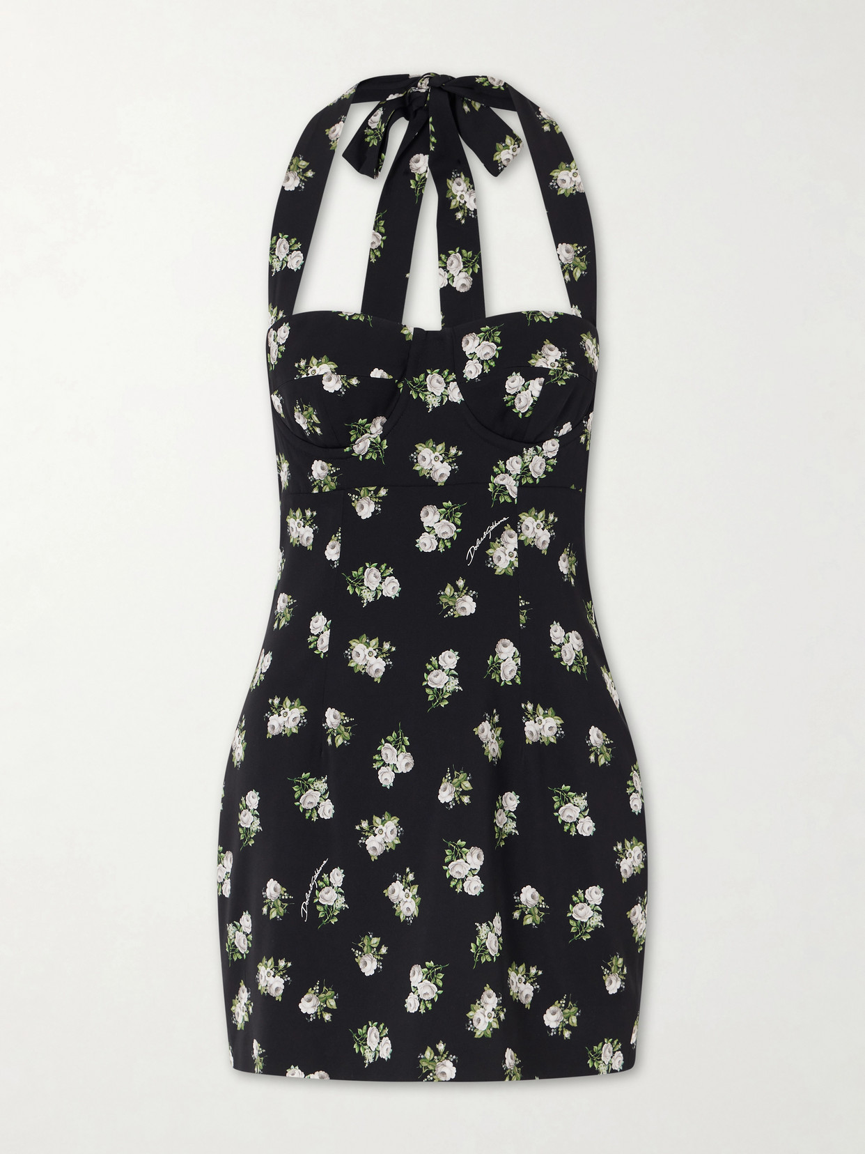 Dolce & Gabbana Floral-print Silk-blend Halterneck Mini Dress In Black