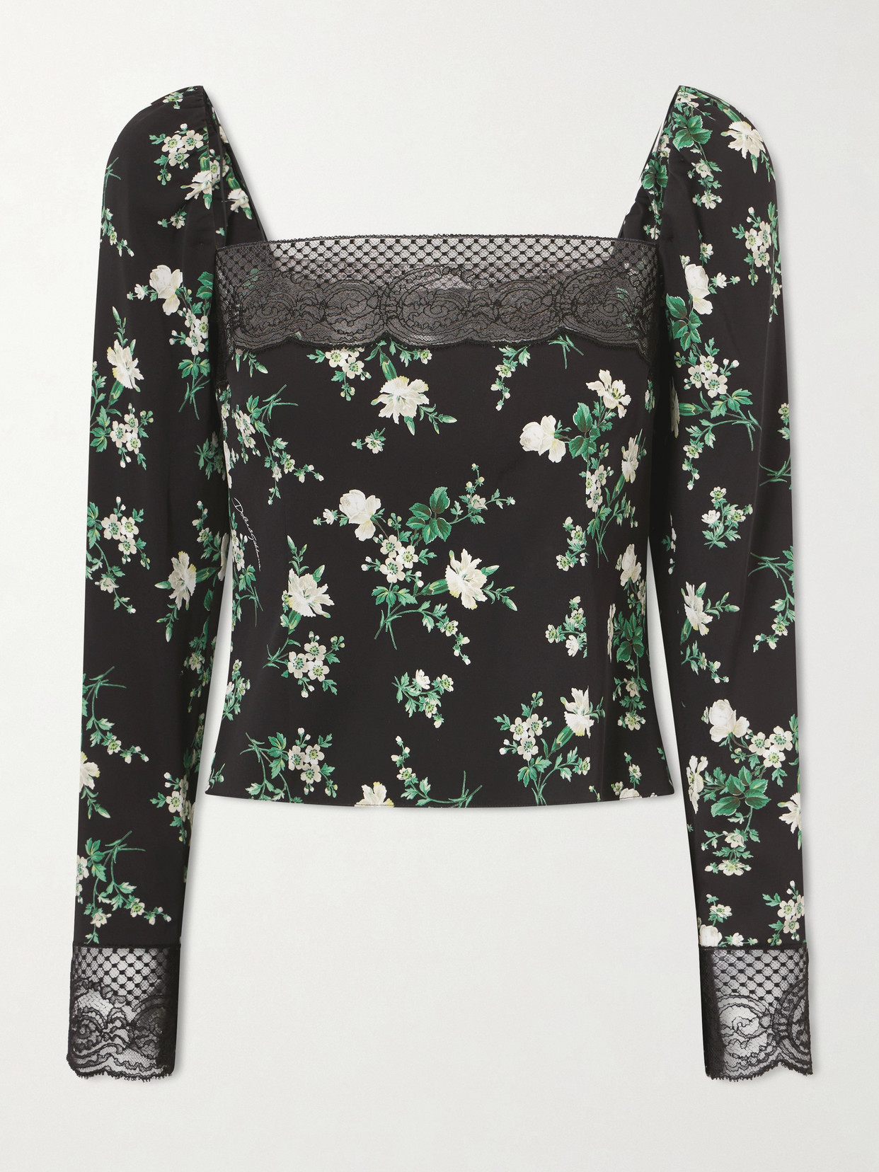 Floral-Print Lace-Trimmed Silk-Blend Top