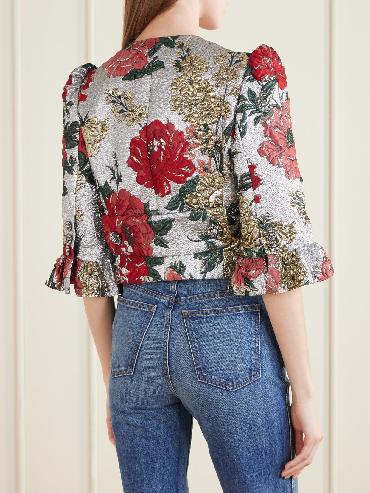 Floral-Embroidered Jacquard-Lamé Jacket