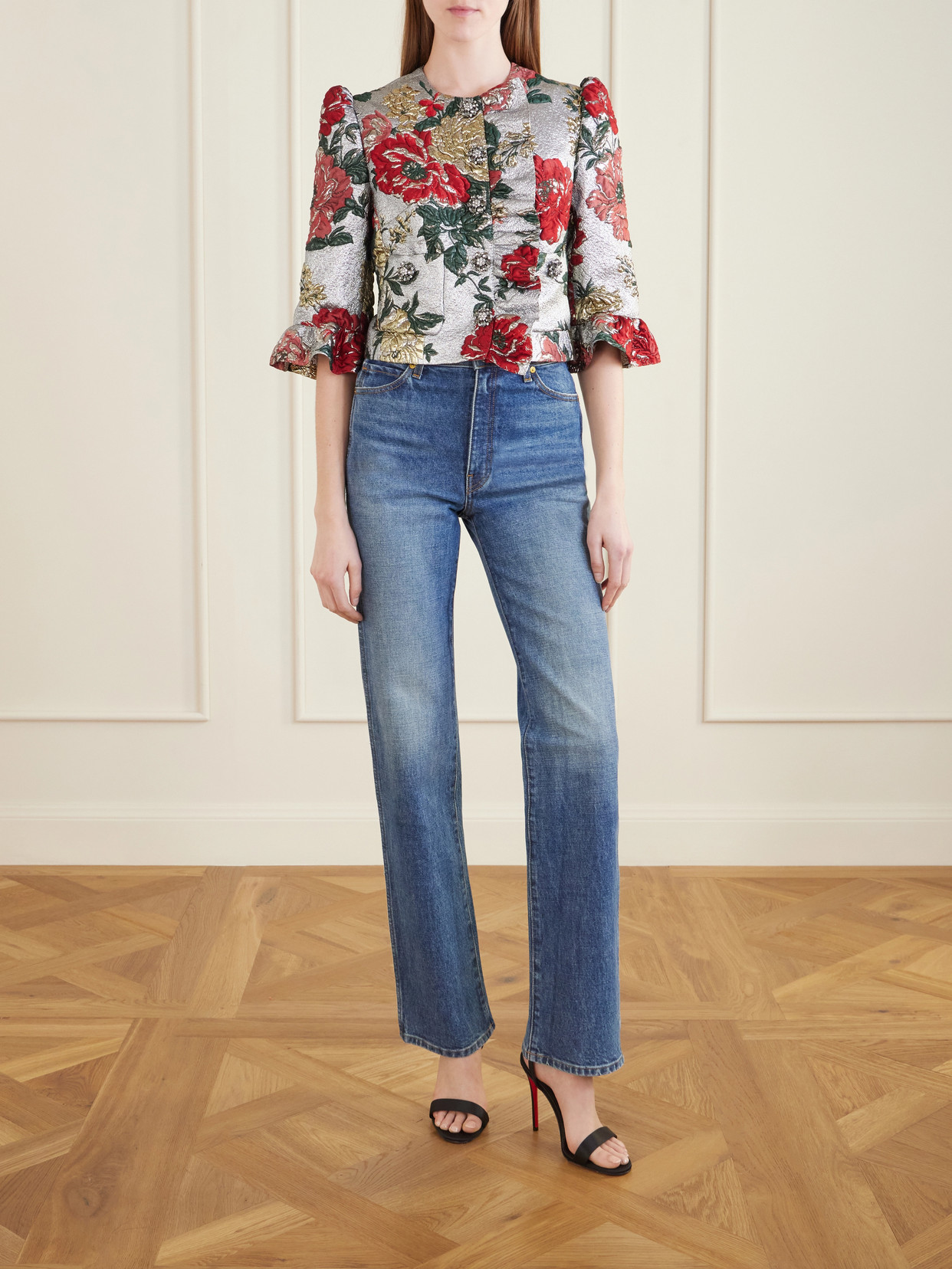 Floral-Embroidered Jacquard-Lamé Jacket
