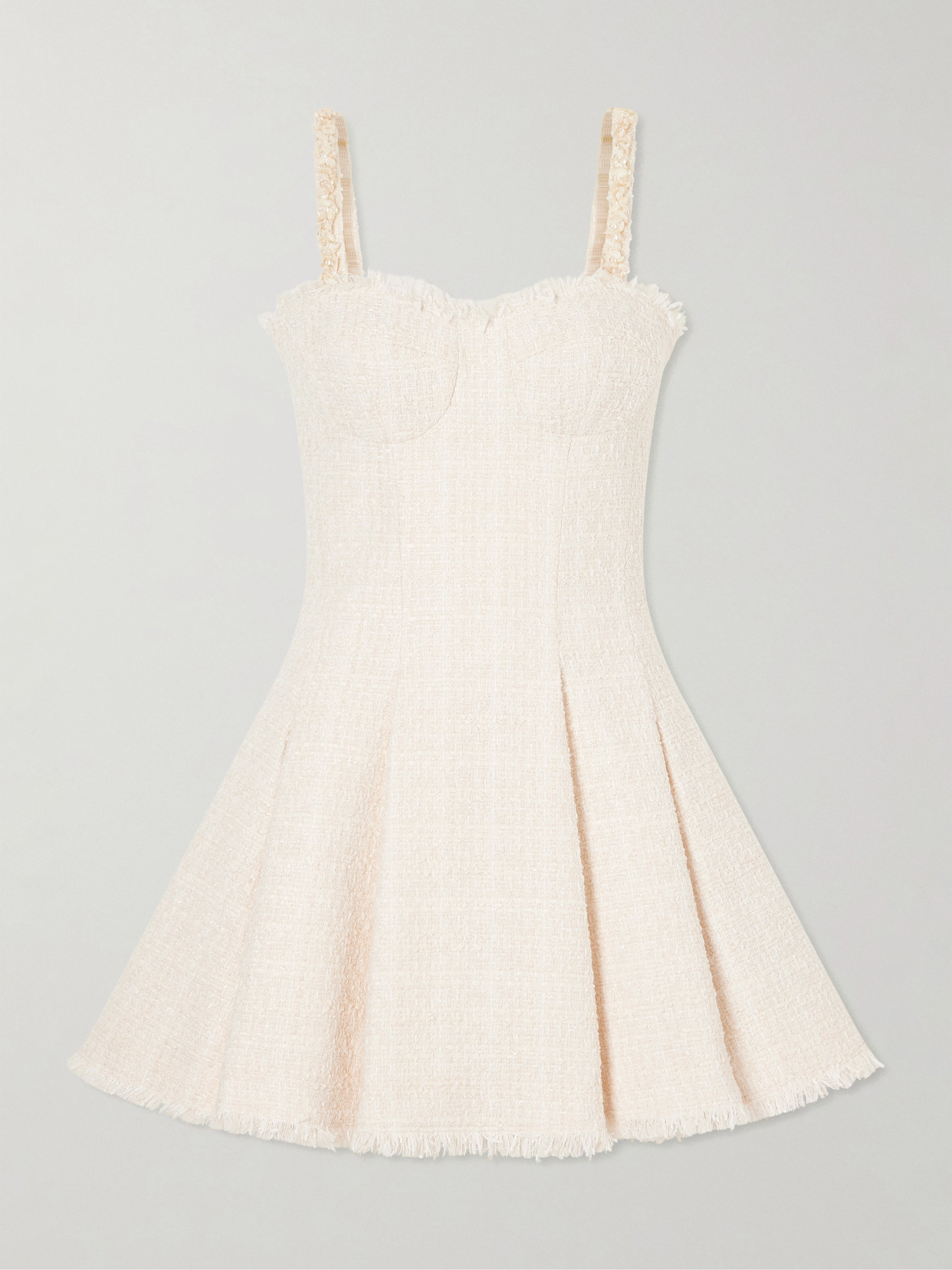 Balmain Embellished Pleated Tweed Mini Dress In Neutral