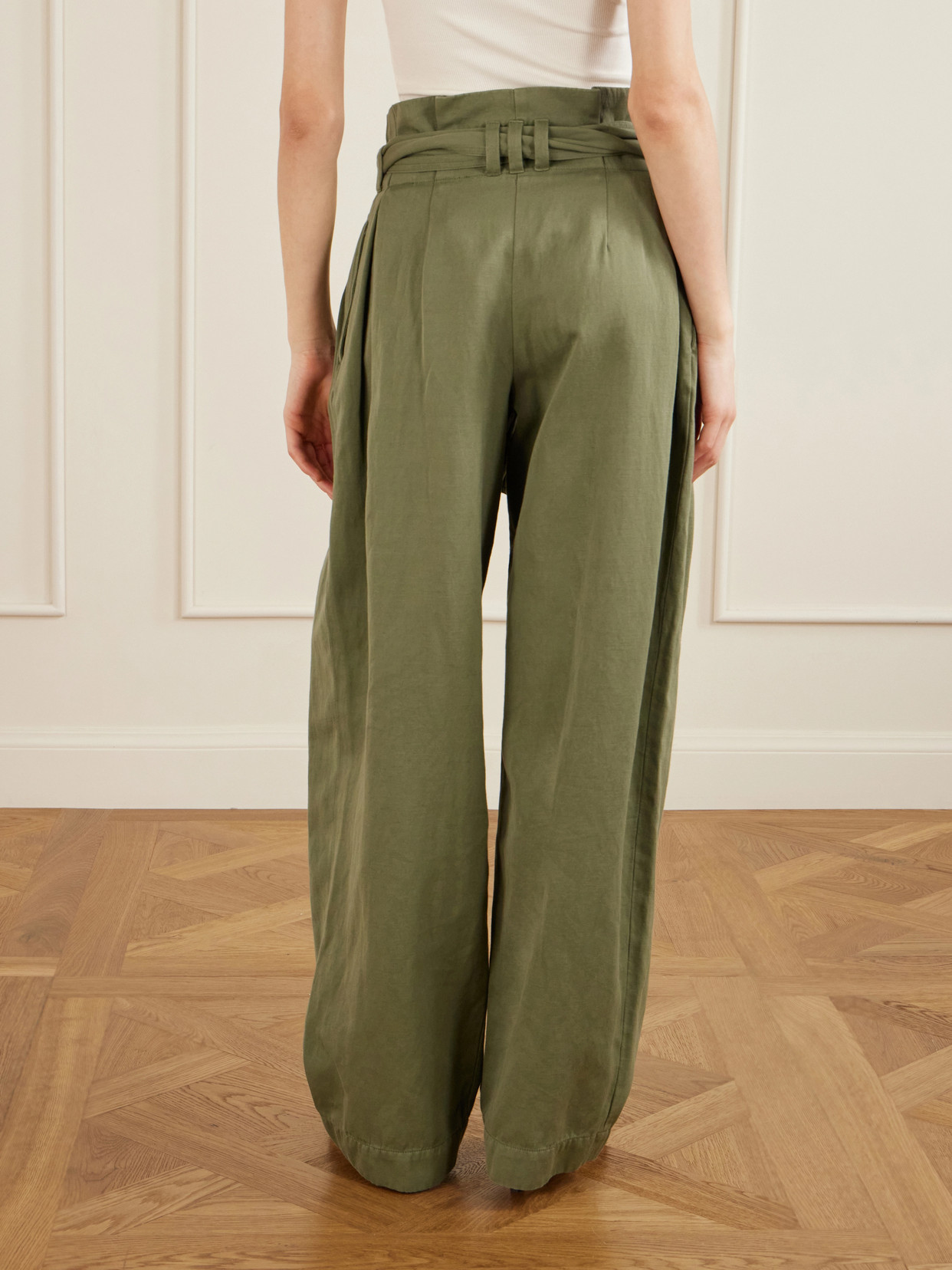Balmain Belted Pleated Cotton And Linen-blend Twill Tapered Pants In Green