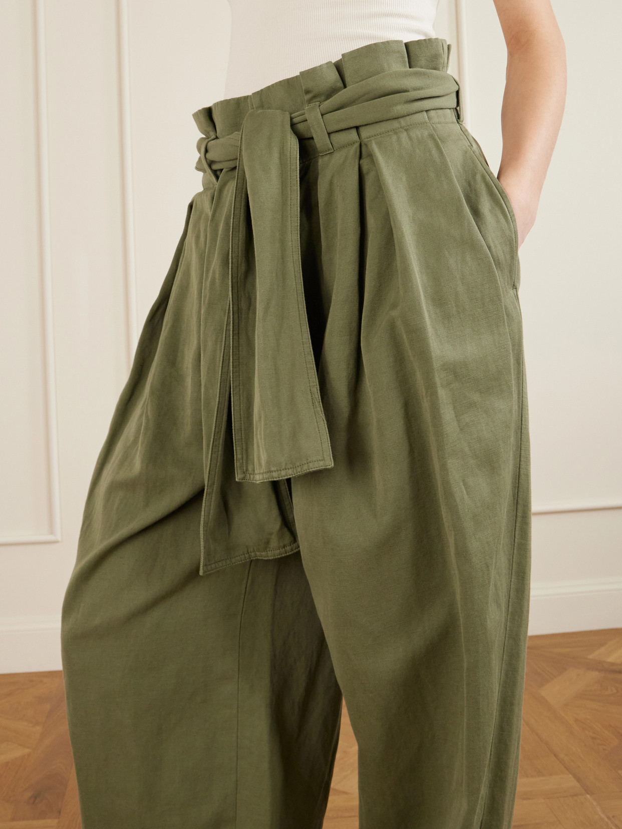 Balmain Belted Pleated Cotton And Linen-blend Twill Tapered Pants In Green