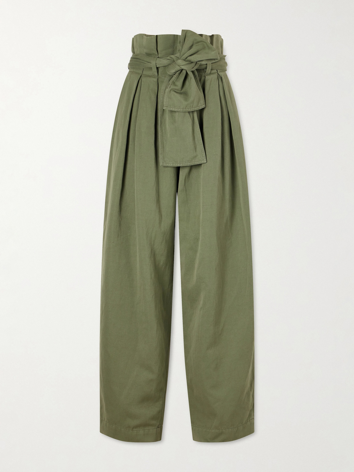 Balmain Belted Pleated Cotton And Linen-blend Twill Tapered Pants In Green