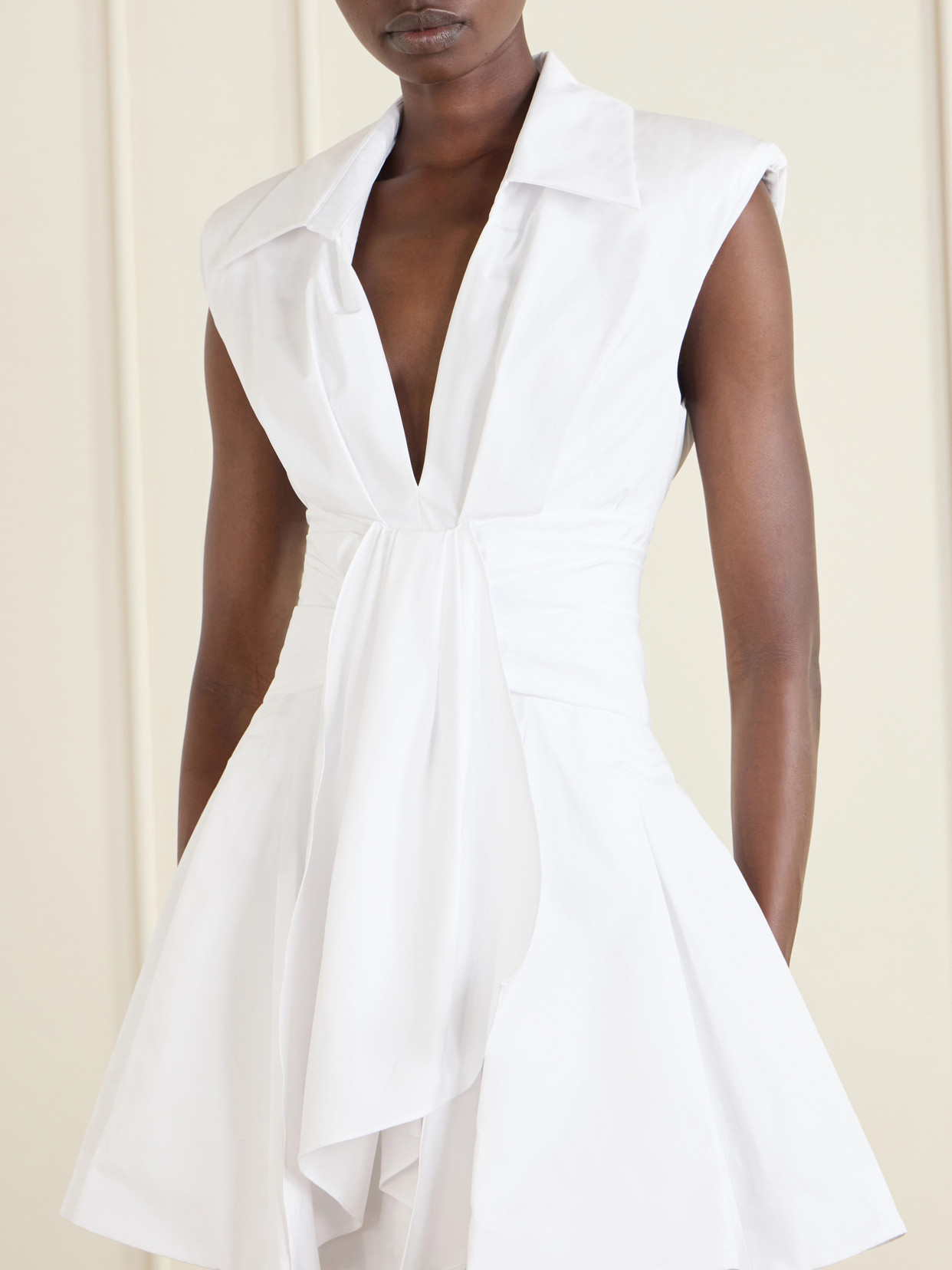 Balmain Belted Pleated Cotton-poplin Mini Dress In White
