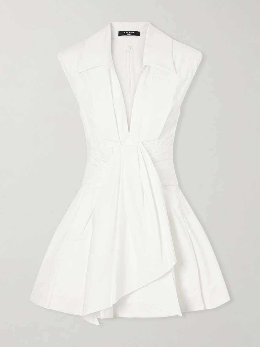 Balmain Belted Pleated Cotton-poplin Mini Dress