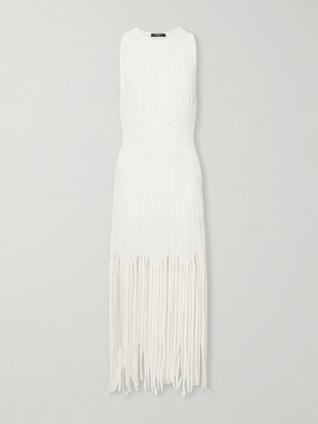 Balmain Fringed Pointelle-knit Midi Dress In White
