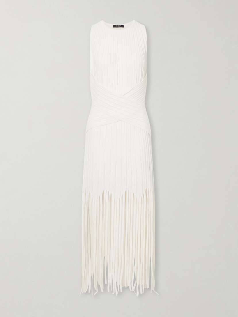 Balmain Fringed Pointelle-knit Midi Dress