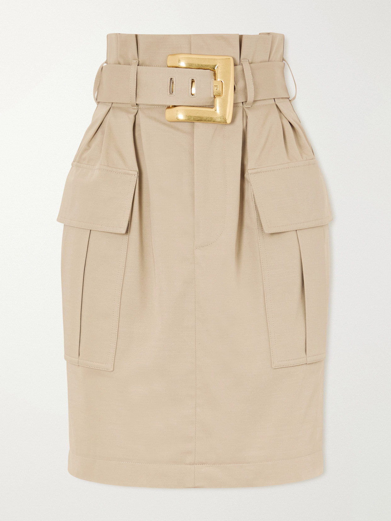Balmain Belted Cotton-gabardine Midi Skirt In Neutral