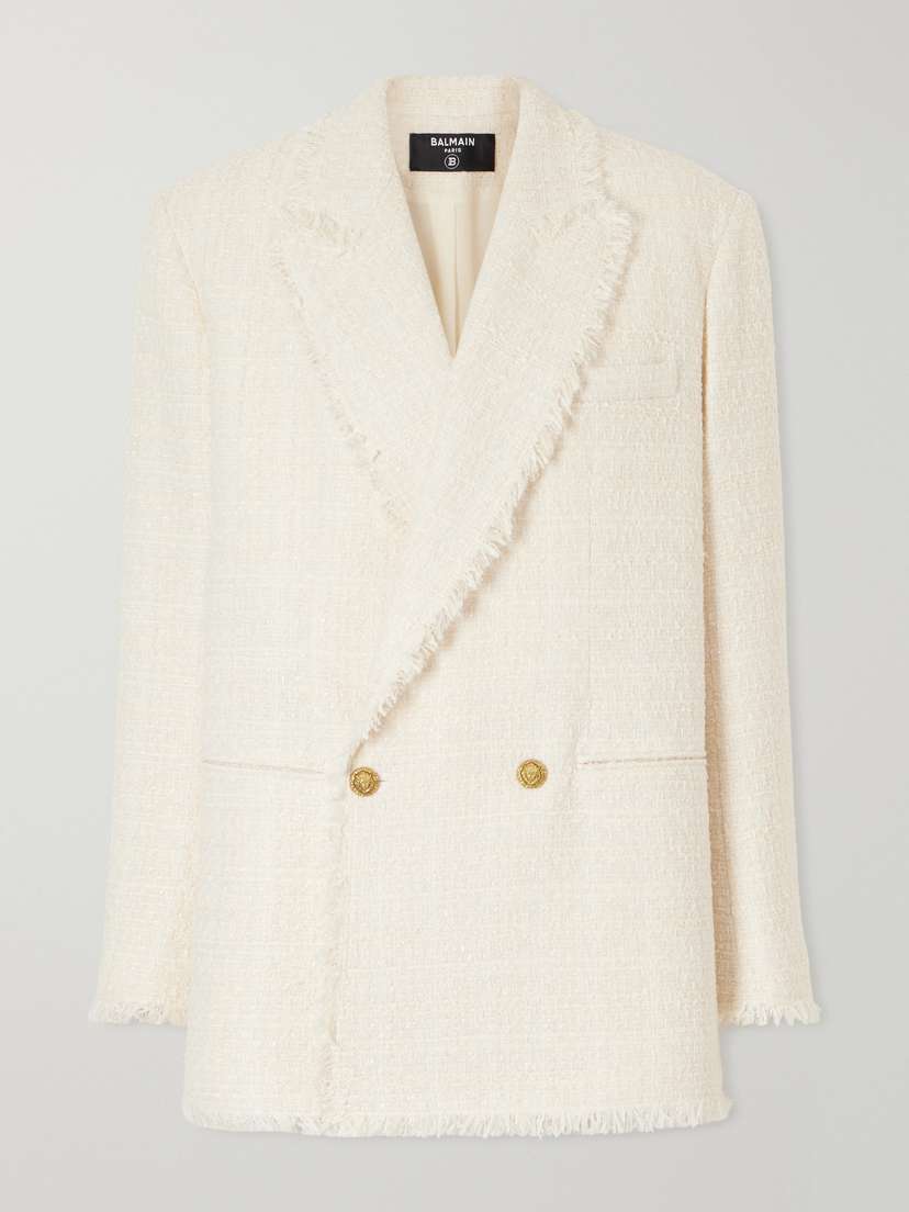 Balmain Double-breasted Frayed Wool And Cotton-blend Tweed Blazer