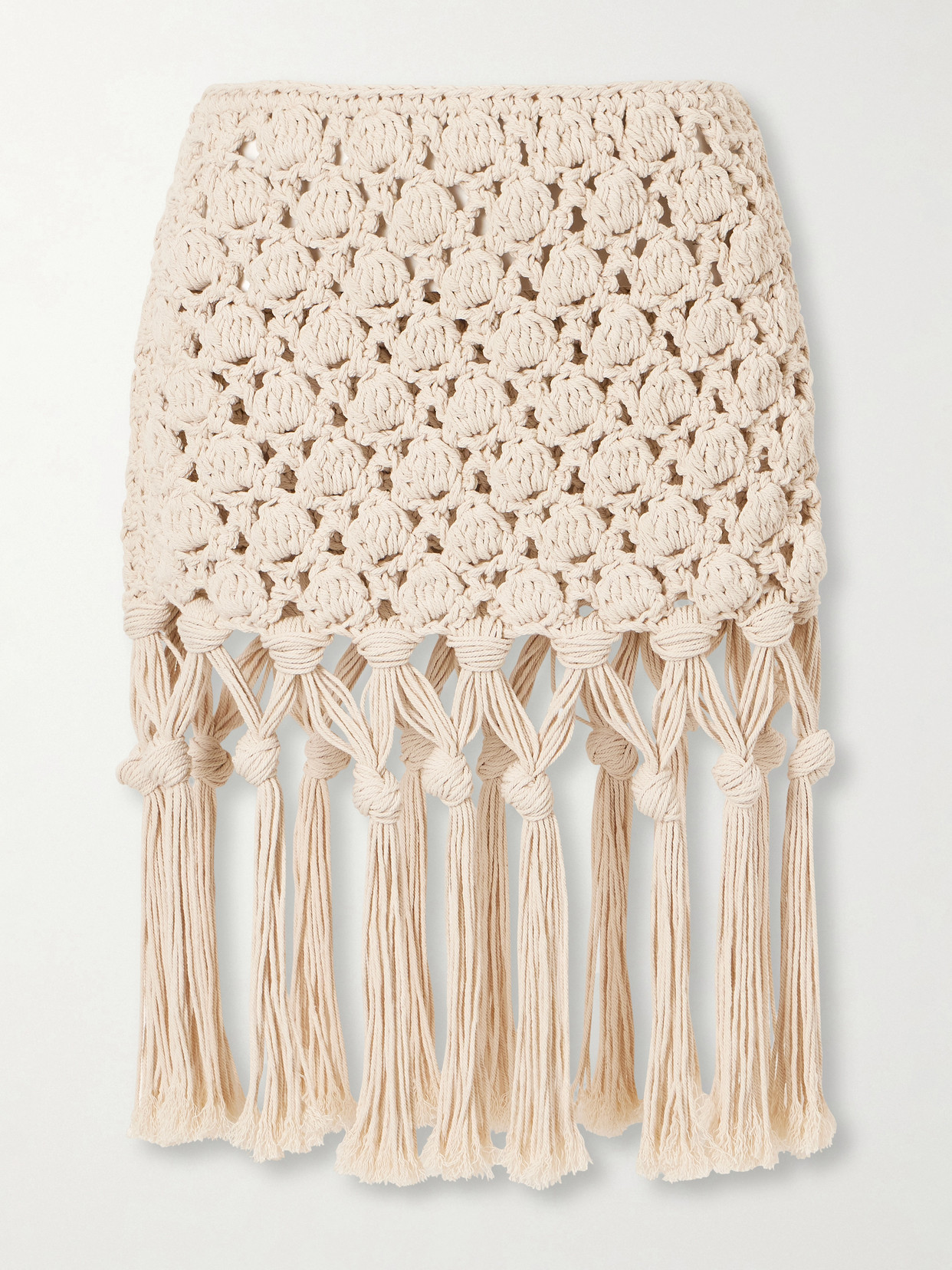 Balmain Fringed Crochet-knit Cotton Mini Skirt In Sand