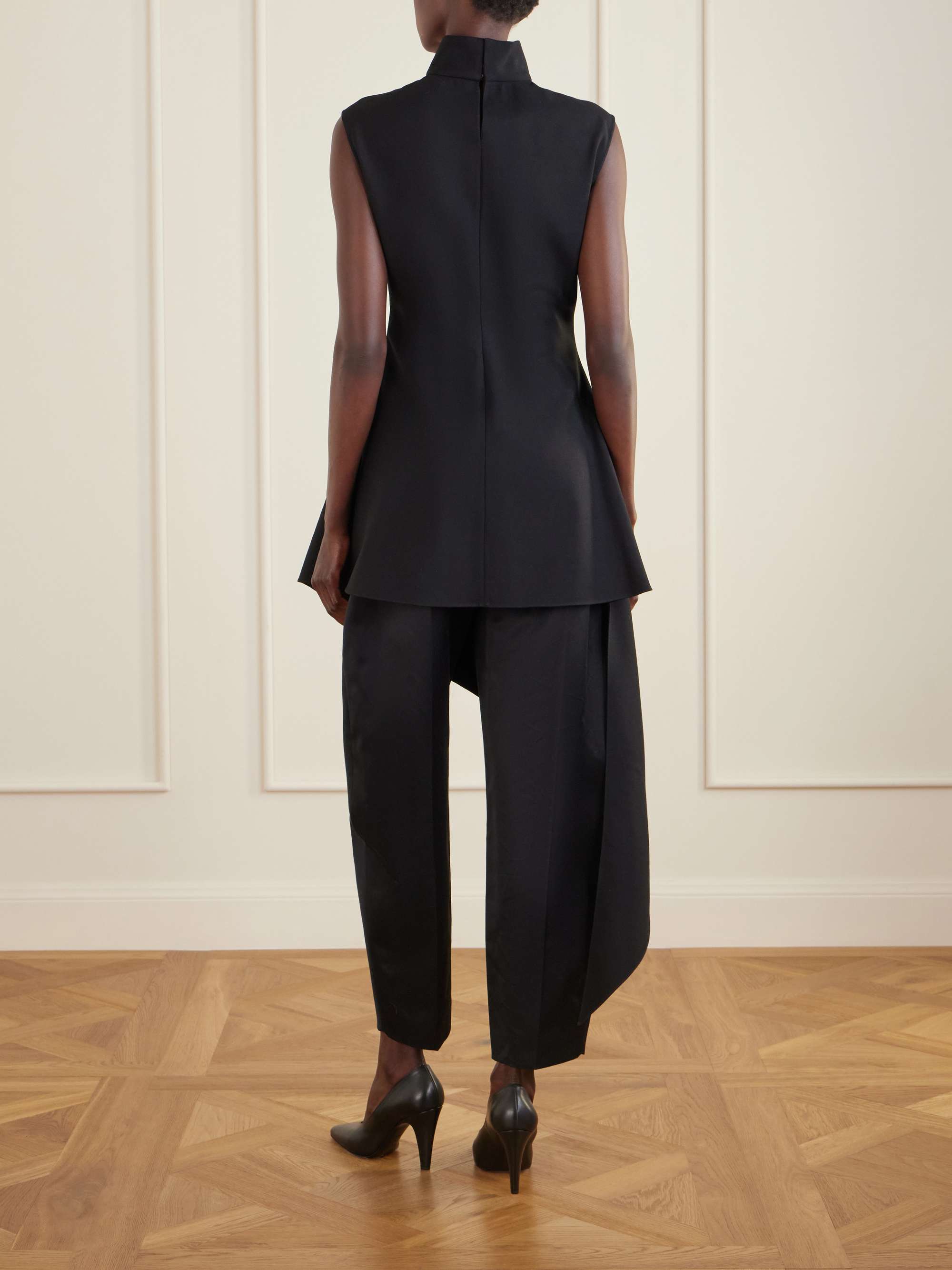 ALAÏA Asymmetric wool-blend gabardine turtleneck mini dress | NET