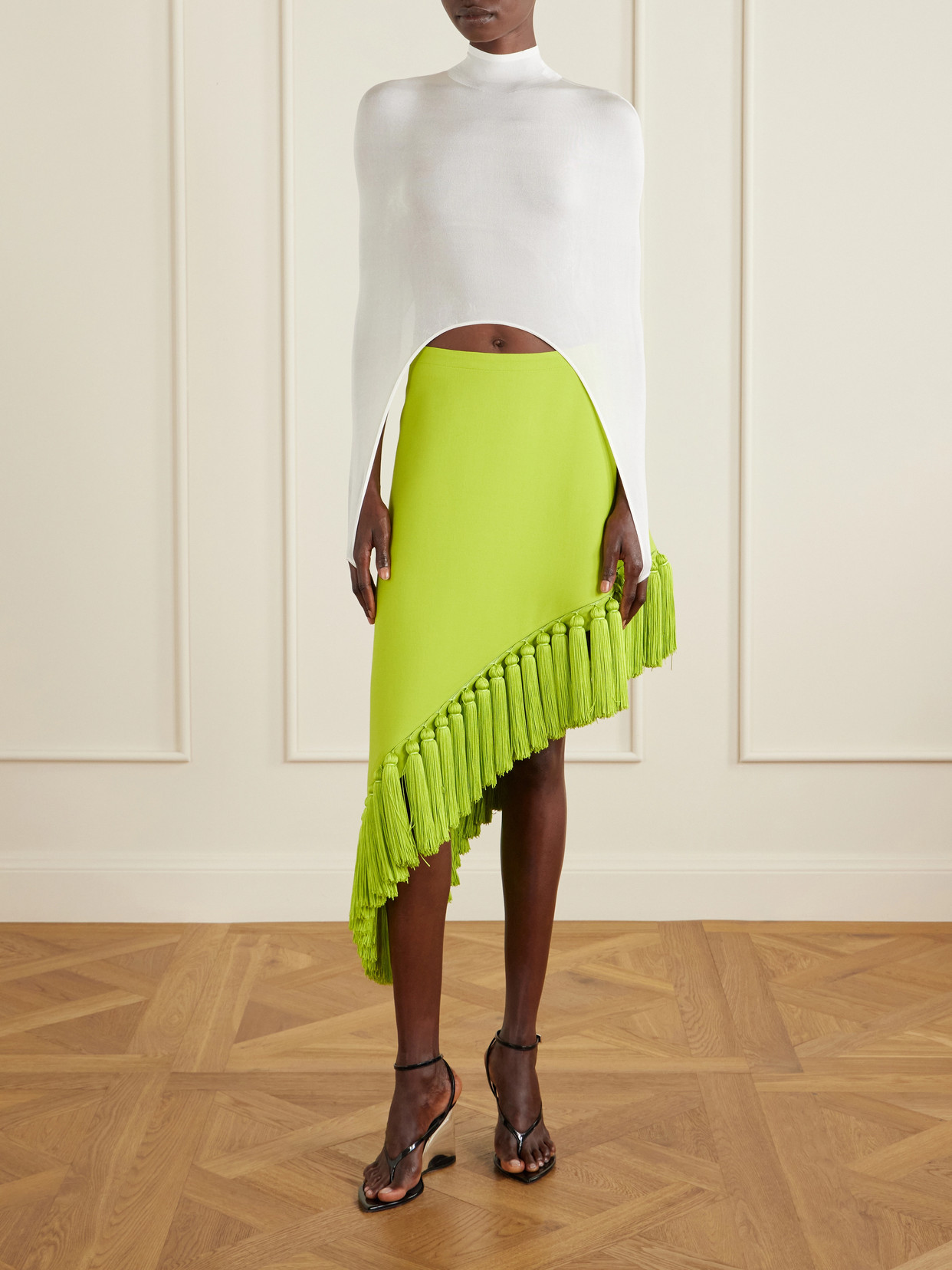 Alaïa - Tassle Fringed Asymmetric Wool-Gabardine Midi